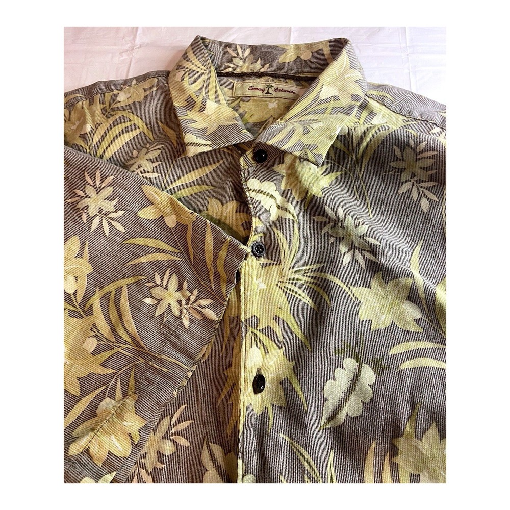 Tommy Bahama Mens XL Tencel Cotton Floral Tropical Short Sleeve Camp Shirt Brown